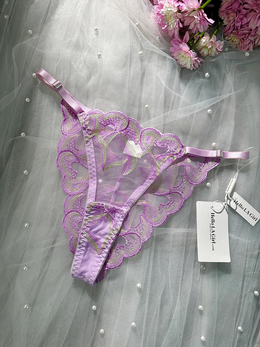Purple Embroidered Mesh Thong With Adjustable Straps Hello.LA.Girl
